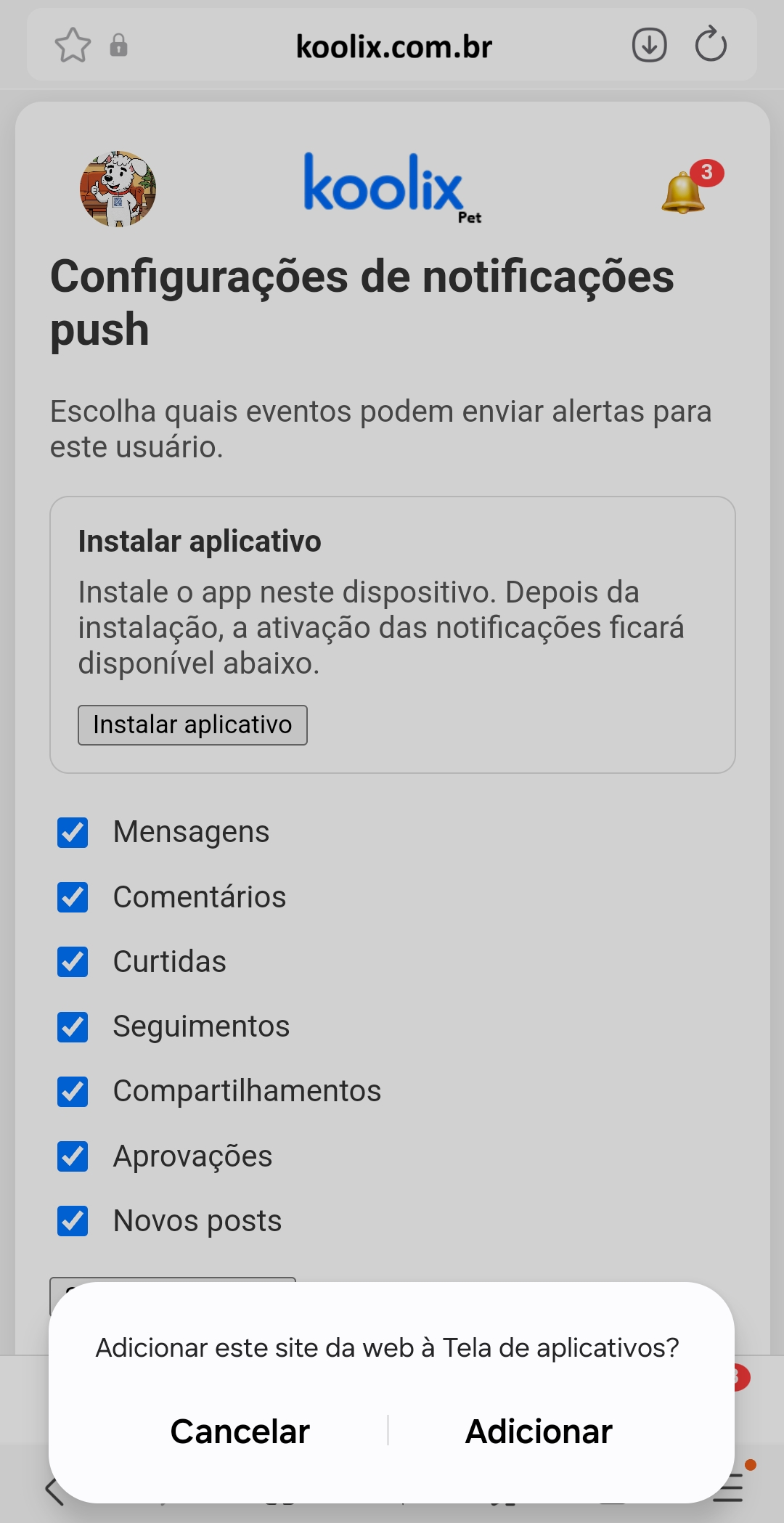 Confirmação para adicionar o site à tela de aplicativos