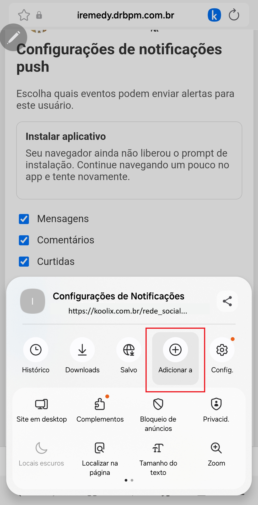 Menu com a opção Tela inicial destacada