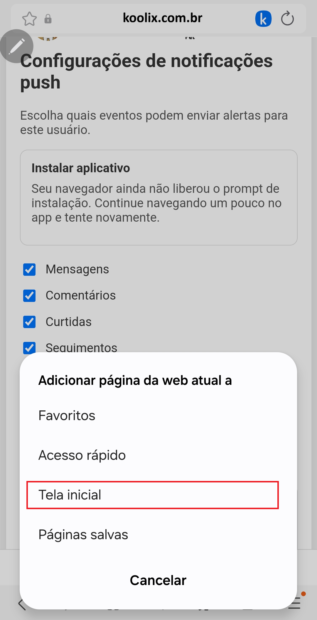 Tela da aplicação exibindo o cartão Instalar aplicativo