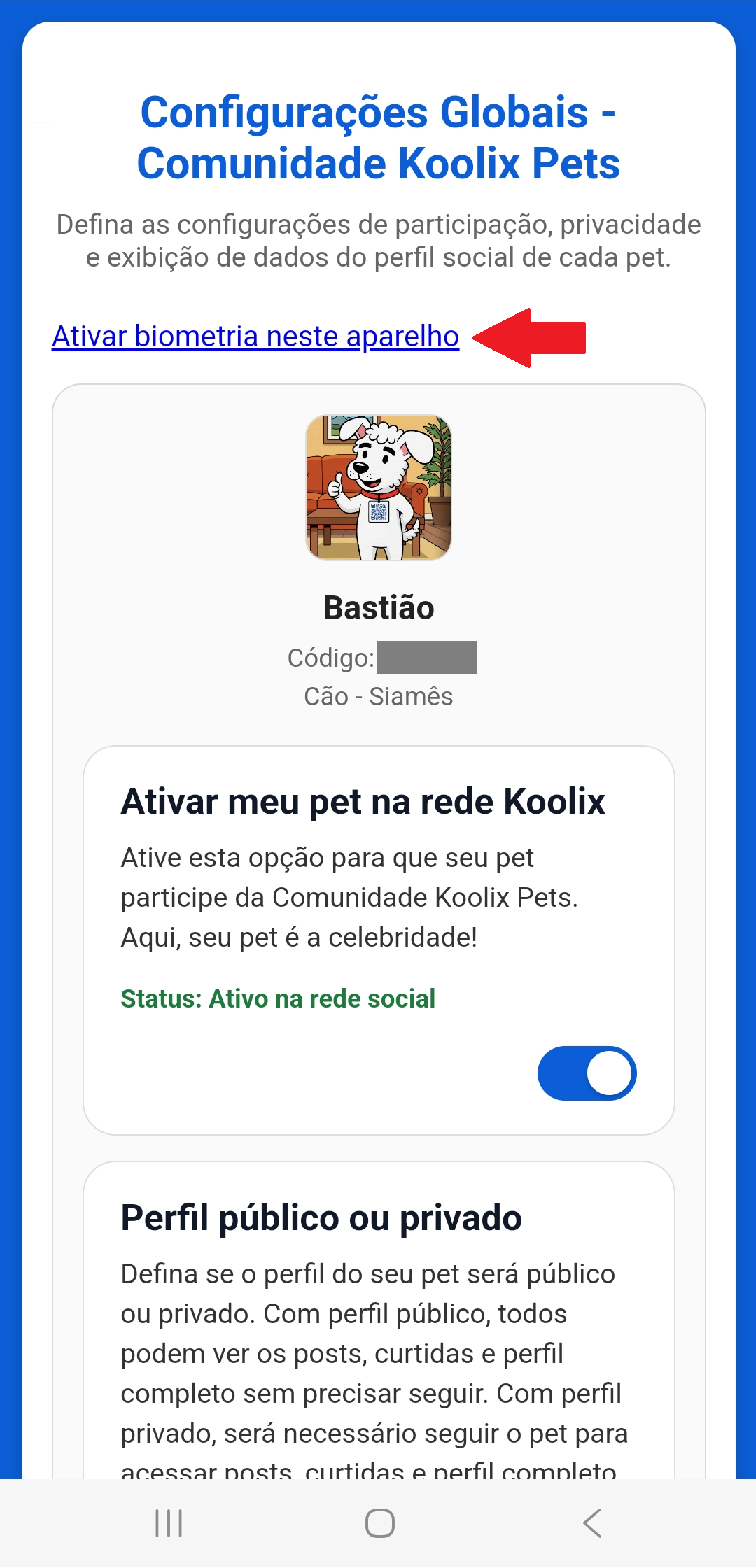 Tela inicial do fluxo de ativação da biometria
