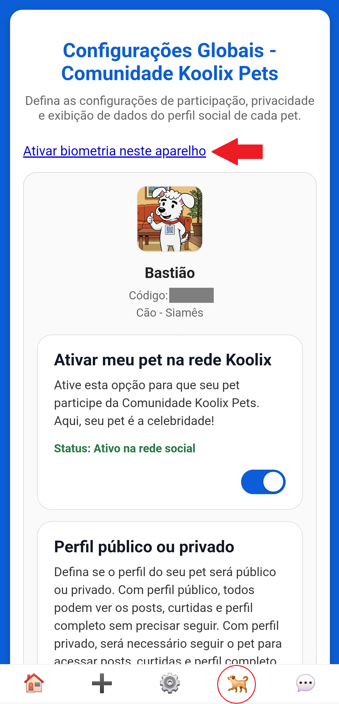 Tela de acesso ao recurso de biometria