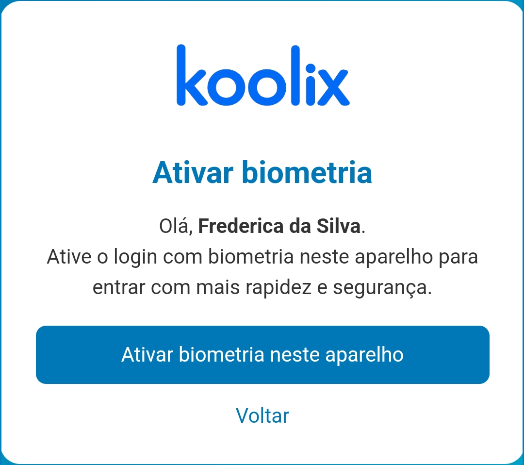Tela intermediária do fluxo de ativação biométrica