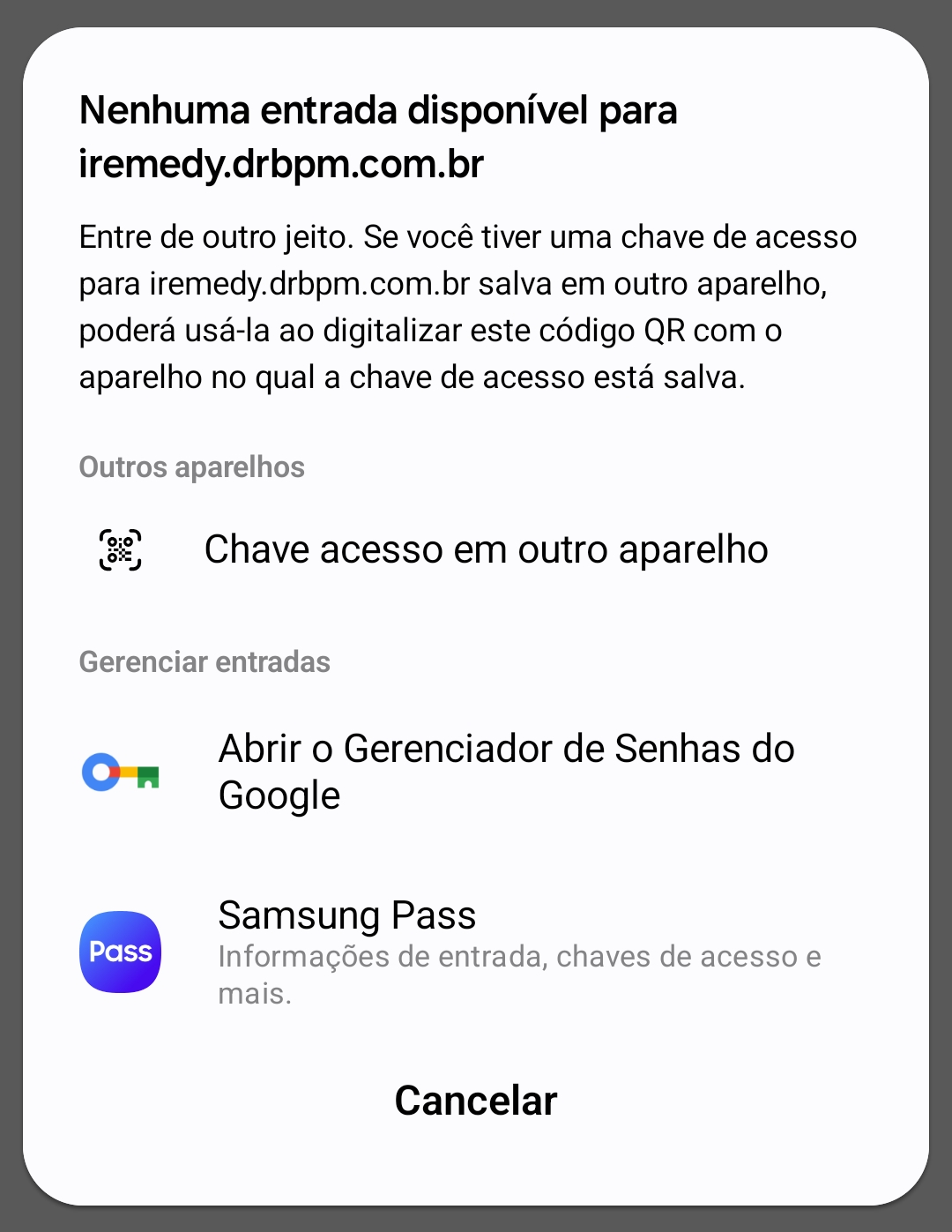 Prompt do dispositivo solicitando autenticação biométrica