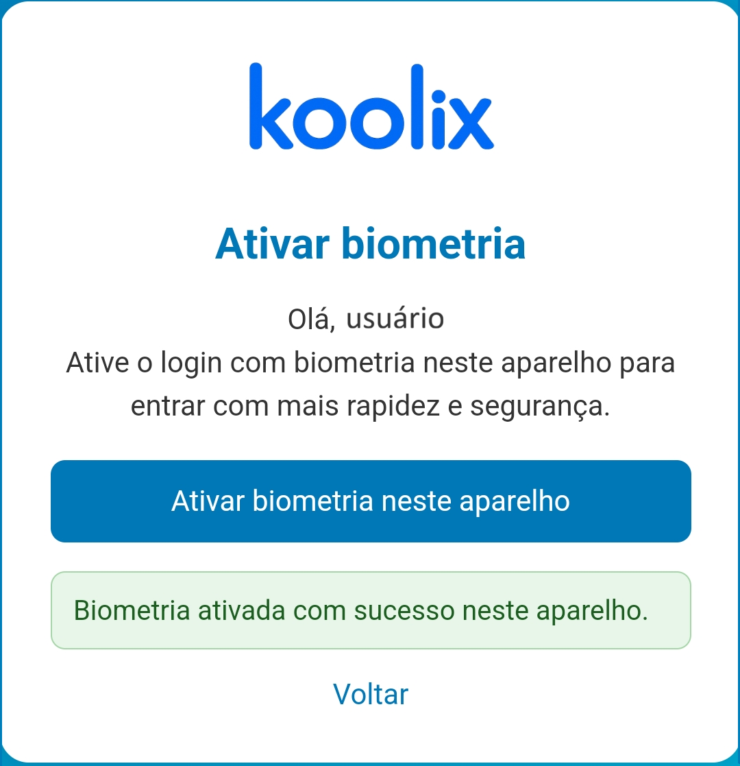 Tela de confirmação da ativação da biometria