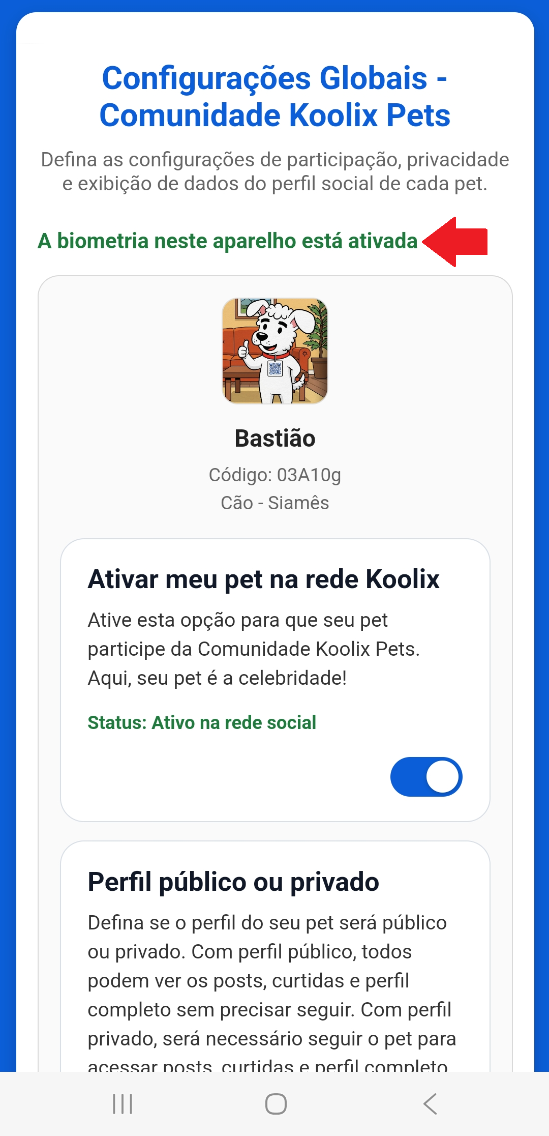 Tela final com a biometria pronta para uso no login