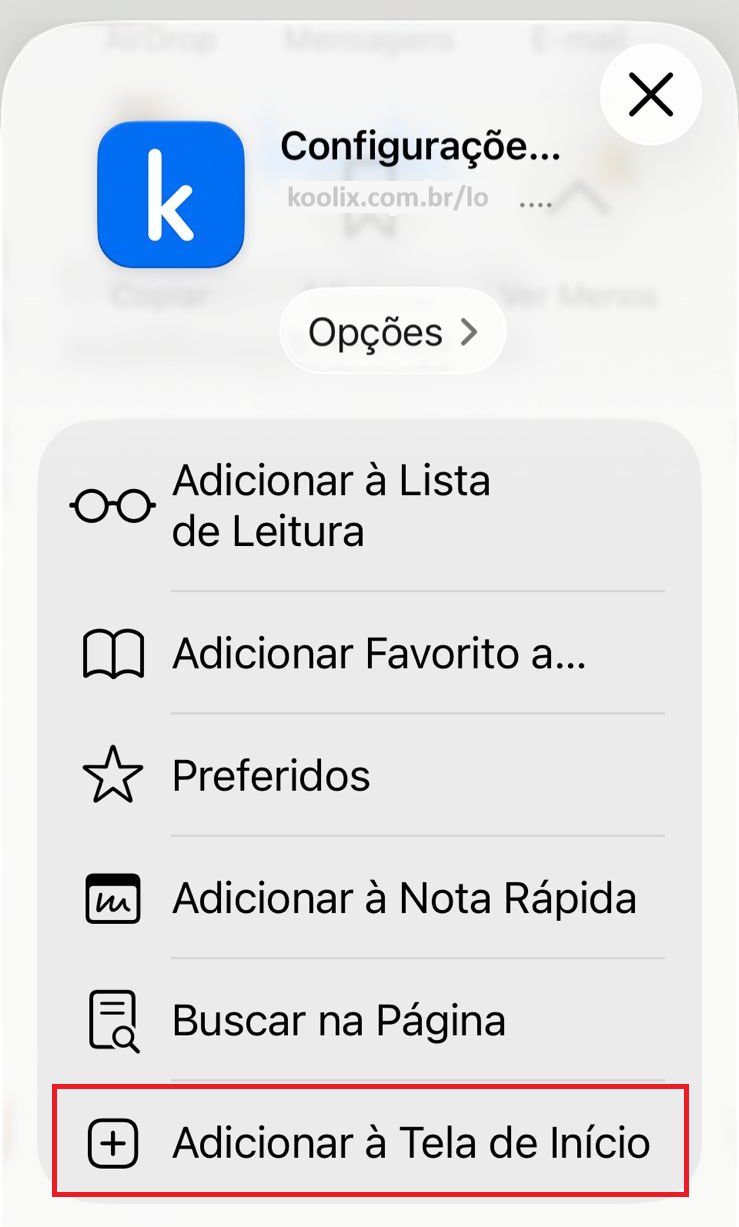 Menu do Safari com a opção Adicionar à Tela de Início destacada