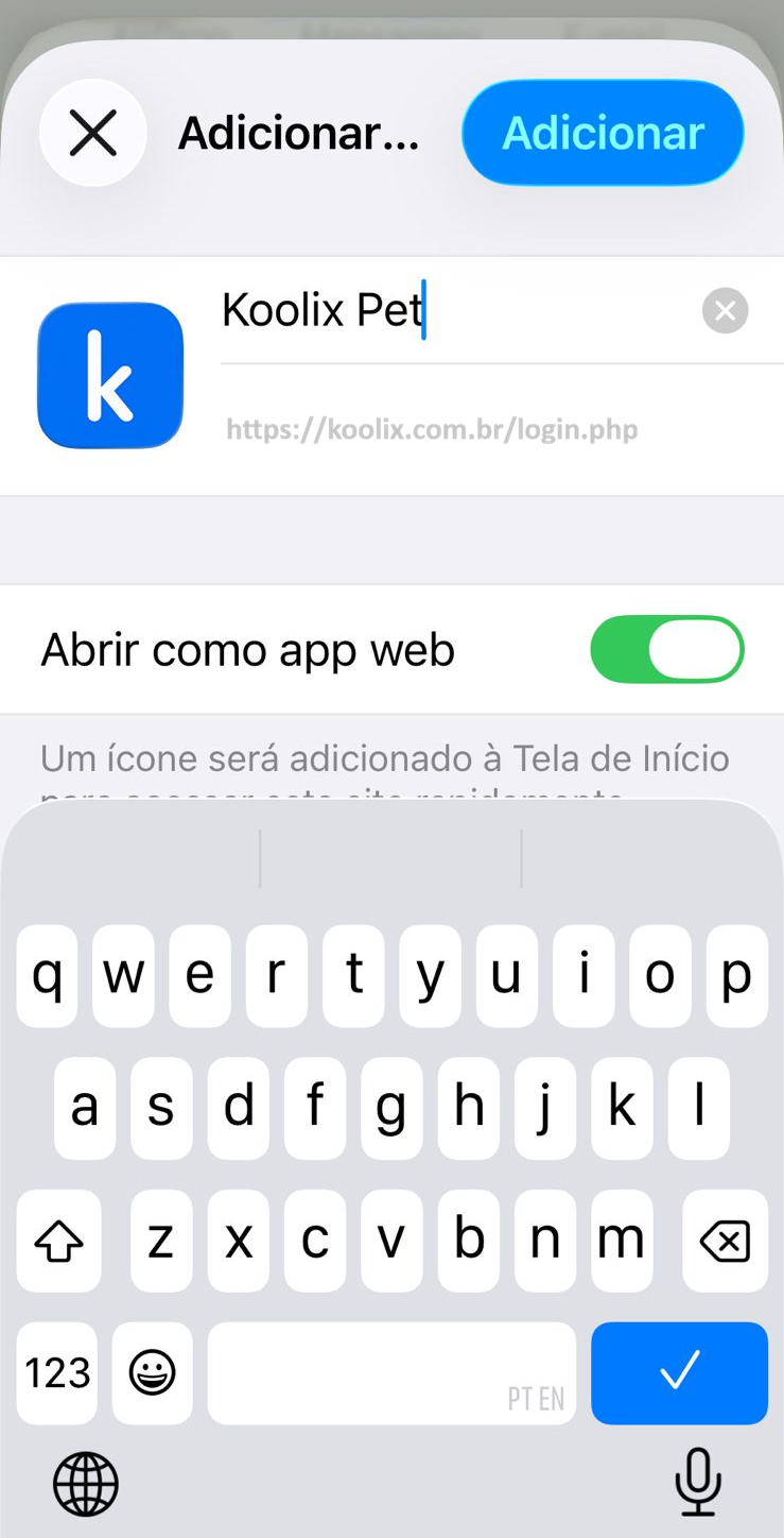 Tela de confirmação para adicionar Koolix Pet à Tela de Início
