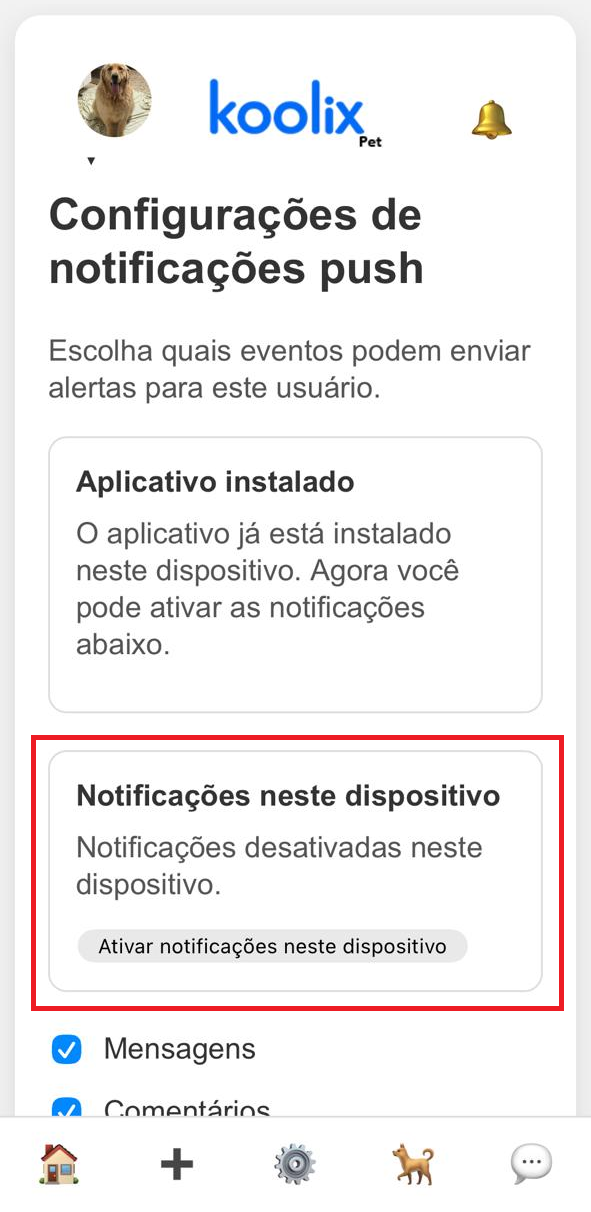 Tela de configuração para ativar as notificações