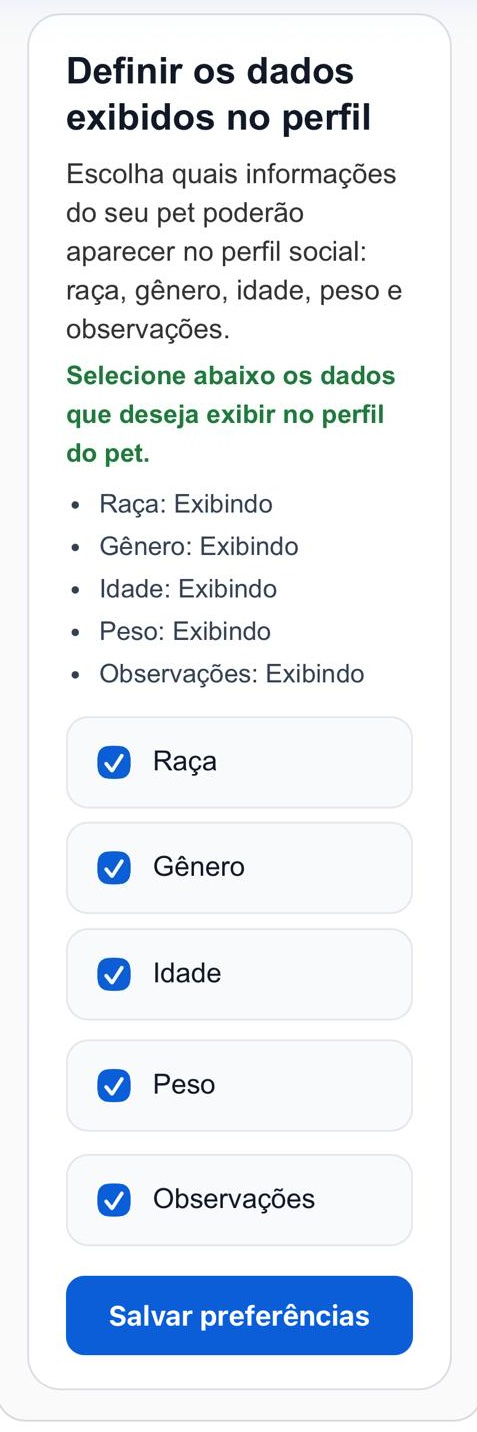 Tela de configuração de itens do perfil do pet